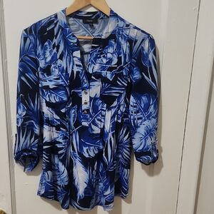 Cocomo Blue and White Tropical Print Blouse